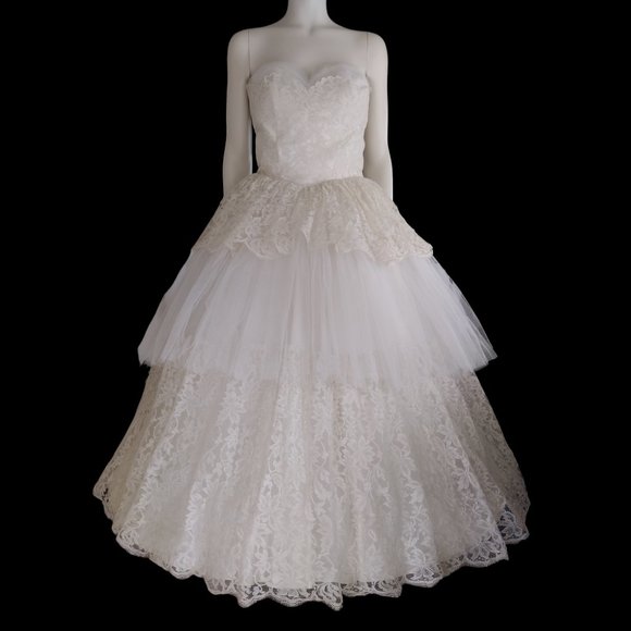 Vintage 50s White Cream Lace Tulle Sweetheart Neck Wedding Dress Jacket Set - Picture 1 of 16